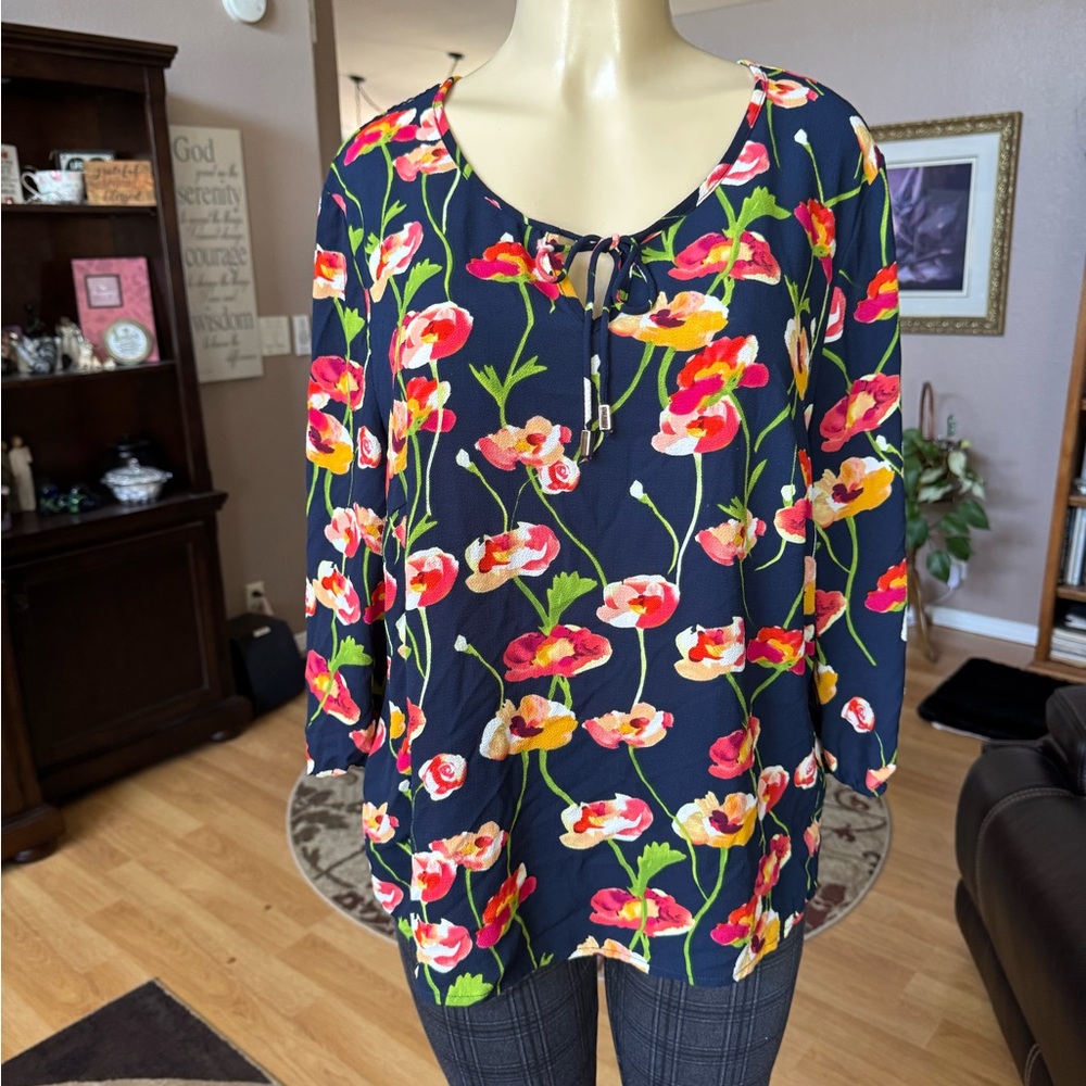 Floral Navy Tie-Neck Blouse - Women's Top